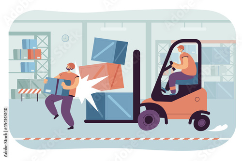 Warehouse accident flat vector illustration. Cartoon employee carrying box, getting injured in collision with forklift operated by another worker. Factory, risk, insurance, compensation concept