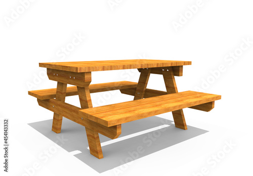 3D realistic render of garden furniture. Modern wooden picnic table isolated on white background