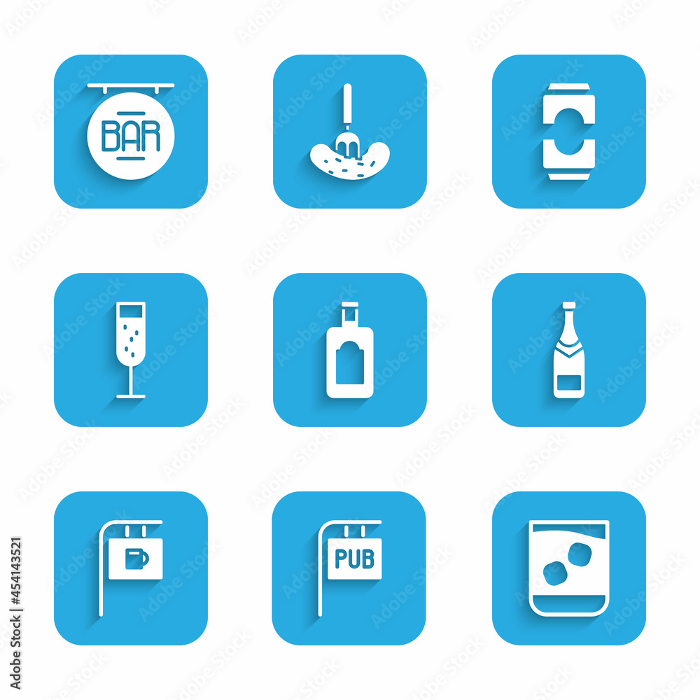 Set Whiskey bottle, Street signboard with Pub, Glass of whiskey, Champagne, Bar, champagne, Beer can and icon. Vector Set Whiskey bottle, Street signboard with Pub, Glass of whiskey, Champagne, Bar, champagne, Beer can and icon. Vector