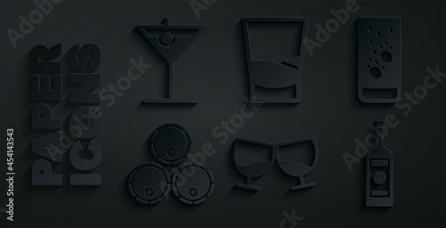 Set Glass of cognac or brandy, Effervescent tablets in water, Wooden barrels, bottle vodka, and Martini glass icon. Vector