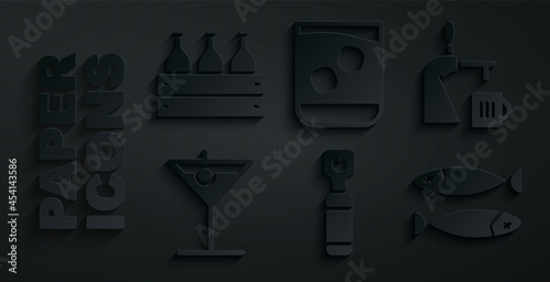 Set Bottle opener, Beer tap with glass, Martini, Dried fish, Glass of whiskey and Bottles wine wooden box icon. Vector