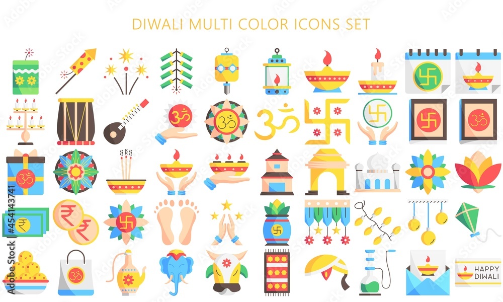 Diwali multi color icons set. Included icons as Deepavali celebrate, light festival, candle, lamp, Hindu celebration more. Used for modern concepts, web, UI or UX kit and applications, EPS 10.