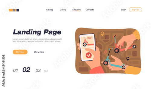 Hand of person using scooter rent or sharing app with city map on smartphone. Vector illustration for urban vehicle, city transport, communication concept