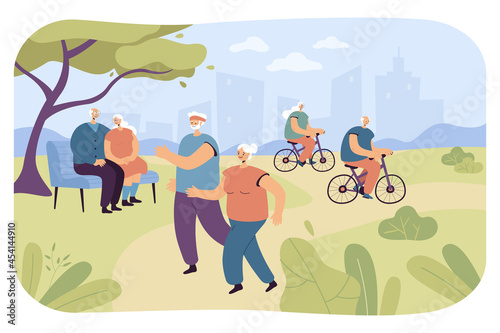 Elderly people doing sports and relaxing in nature. Flat vector illustration. Senior athletes riding bicycles, running, sitting on bench in city park. Exercise, healthy lifestyle, retirement concept