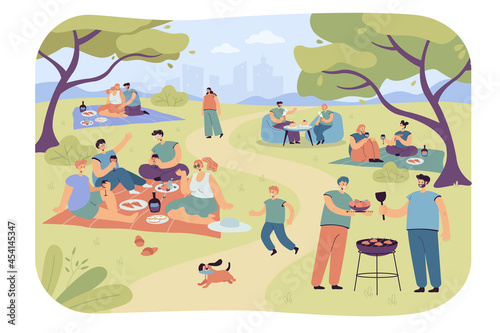 Families and friends resting in city park. Flat vector illustration. Happy people and children relaxing on picnic, enjoying spring nature outdoor, under trees. Vacation, nature, leisure concept