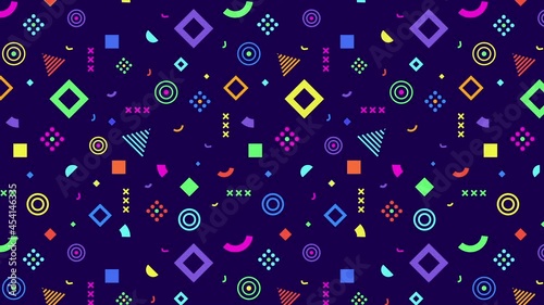 Motion trendy graphic. Geometric background with abstract shapes, lines, mobile forms. Seamless looping. Colorful elements in Memphis style. Bright animation for modern web design, websites