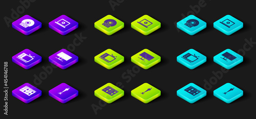 Set Online play video, Movie trophy, Retro tv, Smart Tv, and CD or DVD disk icon. Vector