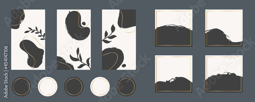 Social media stories, posts, highlights templates set for bloggers. Trendy editable template for social networks. Abstract vector backgrounds in black and white colors with golden elements.