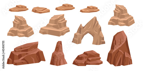 Desert rock vector set, cartoon stone canyon arc, Mexico eroded nature boulder isolated on white. Drought environment game object, dry cracked cliff kit west raw terrain formation. Desert rock clipart