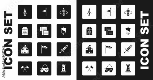 Set Battle crossbow with arrow, Decree, parchment, scroll, Medieval castle gate, Dagger, flag, sword and Castle, fortress icon. Vector