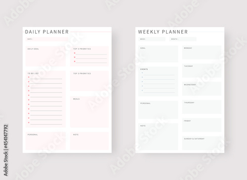 Daily and weekly planner template. Set of planner and to do list. Modern planner template set. Vector illustration.