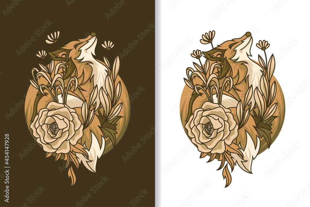 vector illustration of a red fox with flowers and leaves Stock Vector ...