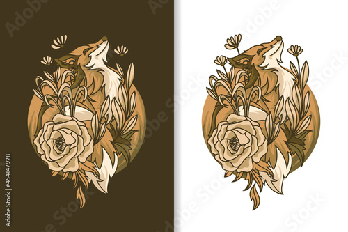 Obraz na plátně vector illustration of a red fox with flowers and leaves