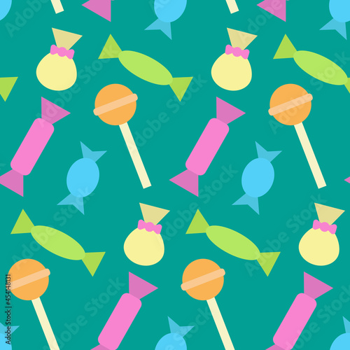 Colorful seamless pattern with different candies and lollipops. Print for textiles, fabric, wallpaper, cards, gift wrap and clothes. Endless design. Doodle style illustration. Sweet and tasty theme. 