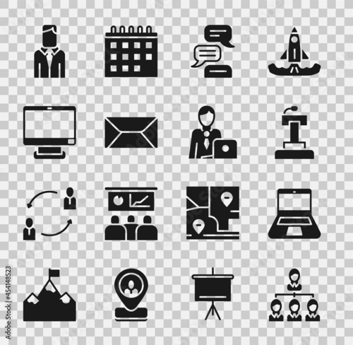Set Hierarchy organogram chart, Laptop, Stage stand tribune, Speech bubble chat, Envelope, Computer monitor, Worker and Businessman icon. Vector