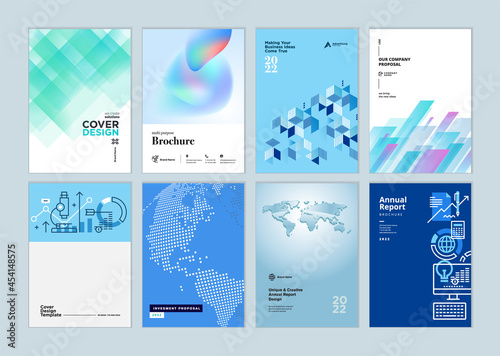 Set of brochure, annual report, business plan cover design templates. Vector illustrations for business presentation, business paper, corporate document, and marketing material.