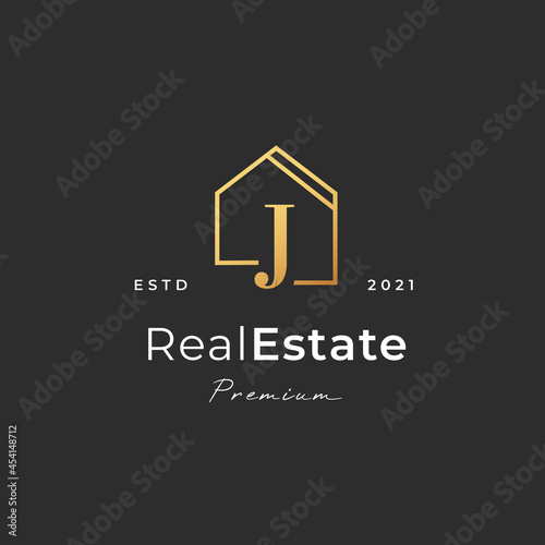 Letter J logo with real estate house icon luxury line style, Vector illustrations