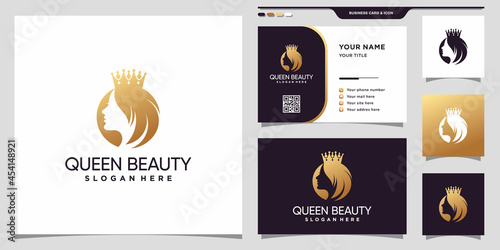 Elegant queen beauty logo with golden gradient style color and business card design Premium Vector