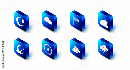 Set Cloud with rain, Cone windsock wind vane, Sun and cloud weather, Compass, moon and Moon icon. Vector