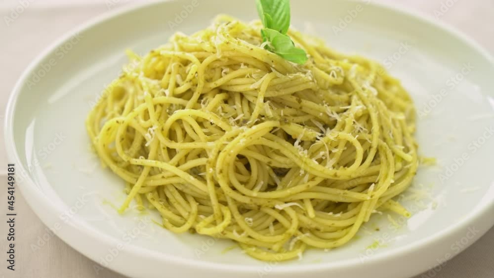 pesto spaghetti pasta - vegetarian food and Italian food style pesto spaghetti pasta - vegetarian food and Italian food style