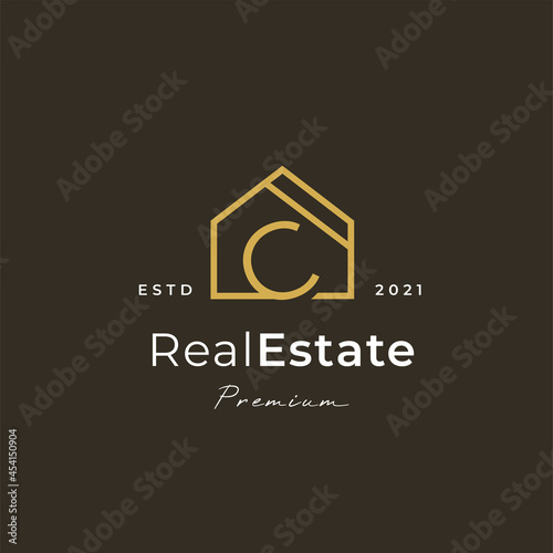 Letter C logo with real estate house icon luxury line style, Vector illustrations