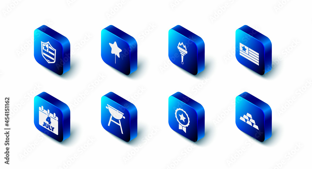 Set Balloon, Torch flame, American flag, Gold bars, Medal with star, Barbecue grill, Calendar date July 4 and Shield stars icon. Vector Set Balloon, Torch flame, American flag, Gold bars, Medal with star, Barbecue grill, Calendar date July 4 and Shield stars icon. Vector