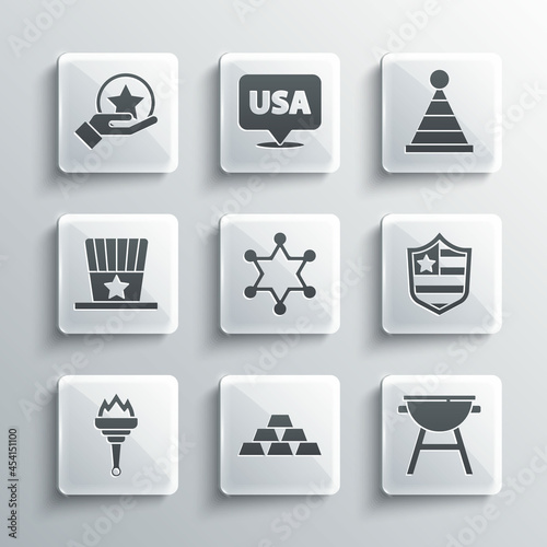 Set Gold bars, Barbecue grill, Shield with stars, Hexagram sheriff, Torch flame, Patriotic American top hat, USA Independence day and Party icon. Vector
