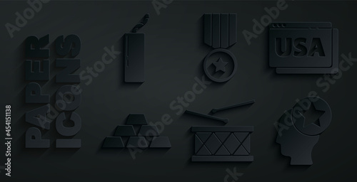 Set Drum and drum sticks, USA on browser, Gold bars, Head, Medal with star and Dynamite bomb icon. Vector