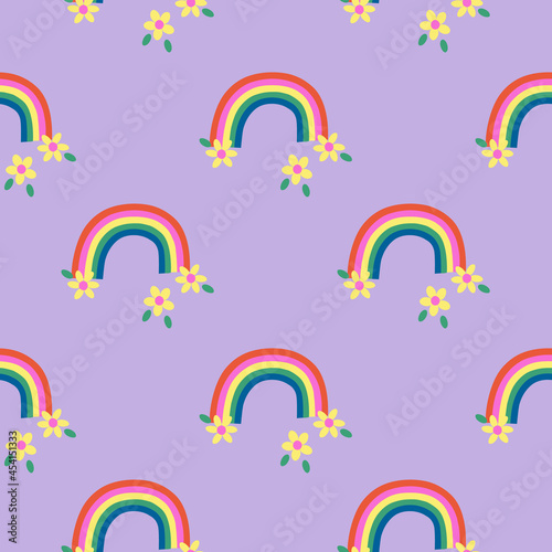 rainbow with clouds Colorful rainbow and flower seamless vector pattern design for use background textile fabric and others.