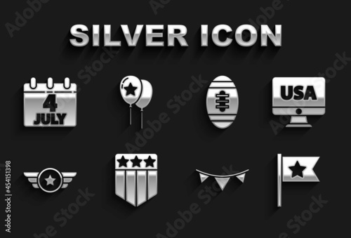 Set Shield with stars, USA on monitor, American flag, Carnival garland flags, Star military, Football ball, Calendar date July 4 and Balloons icon. Vector