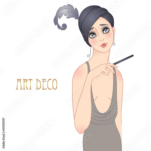 Art Deco vintage illustration of flapper girl. Retro party character in 1920s style. Vector design for glamour event or jazz party.