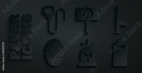 Set Flasher siren, Police rubber baton, Special forces soldier, assault shield, Protest and Walkie talkie icon. Vector