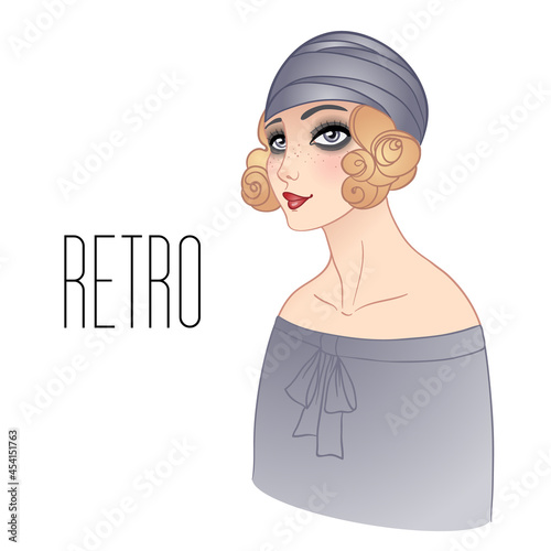 Art Deco vintage illustration of flapper girl. Retro party character in 1920s style. Vector design for glamour event or jazz party.