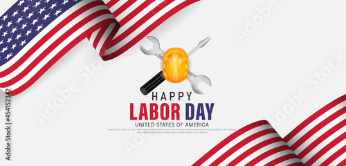 Happy labor day usa banner template design with usa flag and work equipment.
