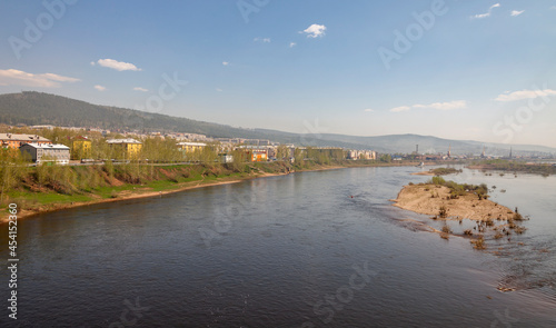 Landscape with the Lena River in the city of Ust-Kut on summer June day.