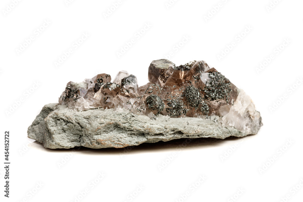 Macro mineral stone quartz chlorite Palygorskite rock on a white background Macro mineral stone quartz chlorite Palygorskite rock on a white background