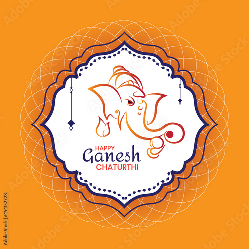 Poster of Happy Ganesh Chaturthi. Outline of God Ganesh's face. Orange color mandala background.