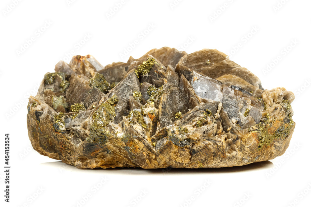 Macro mineral stone Barit Pyrit on a white background
