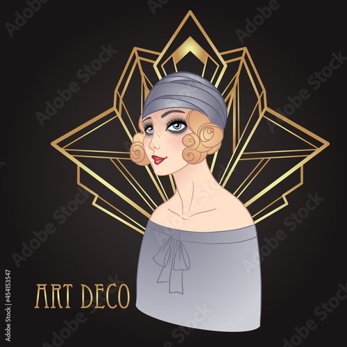 Art Deco vintage illustration of flapper girl. Retro party character in 1920s style. Vector design for glamour event or jazz party.