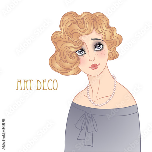Art Deco vintage illustration of flapper girl. Retro party character in 1920s style. Vector design for glamour event or jazz party.