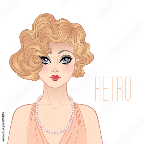 Art Deco vintage illustration of flapper girl. Retro party character in 1920s style. Vector design for glamour event or jazz party.