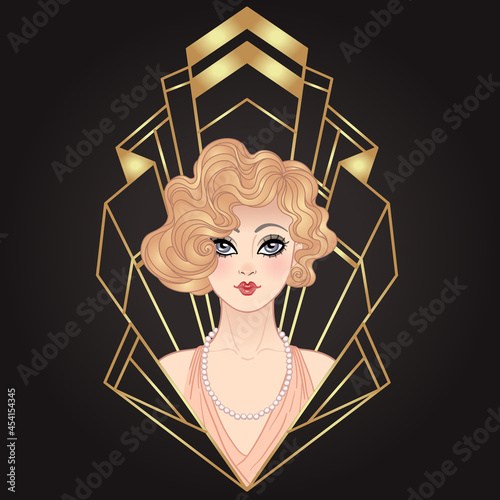 Art Deco vintage illustration of flapper girl. Retro party character in 1920s style. Vector design for glamour event or jazz party.