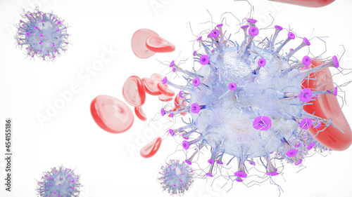 Close up virus covid-19 new mutate spread in the body on microscope view , 3D rendering. photo