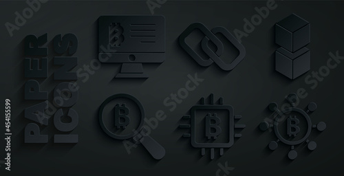 Set CPU mining farm, Blockchain technology, Magnifying glass with Bitcoin, Chain link and Mining bitcoin from monitor icon. Vector