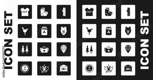 Set Birch tree, Jar of honey, Cockerel lollipop, USSR t-shirt, Bear head, Valenki, Location Russia and Christmas icon. Vector