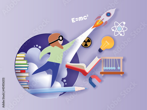 Back to school. Paper cut cartoon Little boy starting rocket learning Physics