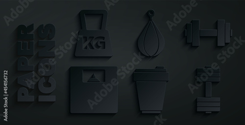 Set Fitness shaker, Dumbbell, Bathroom scales, Punching bag and Weight icon. Vector