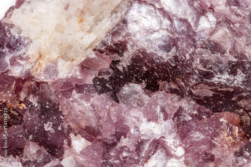 Macro mineral stone Lepidolite in the rock a white background Macro mineral stone Lepidolite in the rock a white background