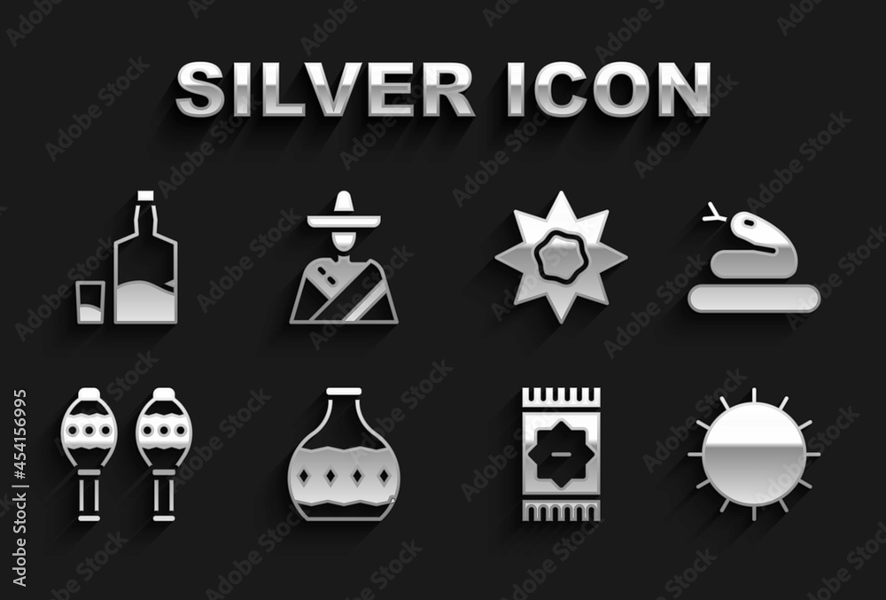 Set Tequila bottle, Snake, Sun, Mexican carpet, Maracas, and glass and man sombrero icon. Vector Set Tequila bottle, Snake, Sun, Mexican carpet, Maracas, and glass and man sombrero icon. Vector