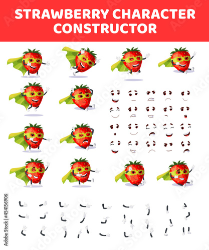 Strawberry character constructor. Cartoon strawberry creation mascot kit. Character creation set poses, emotions for animation and illustrations. Emoji with emotions, eyes and mouthes set